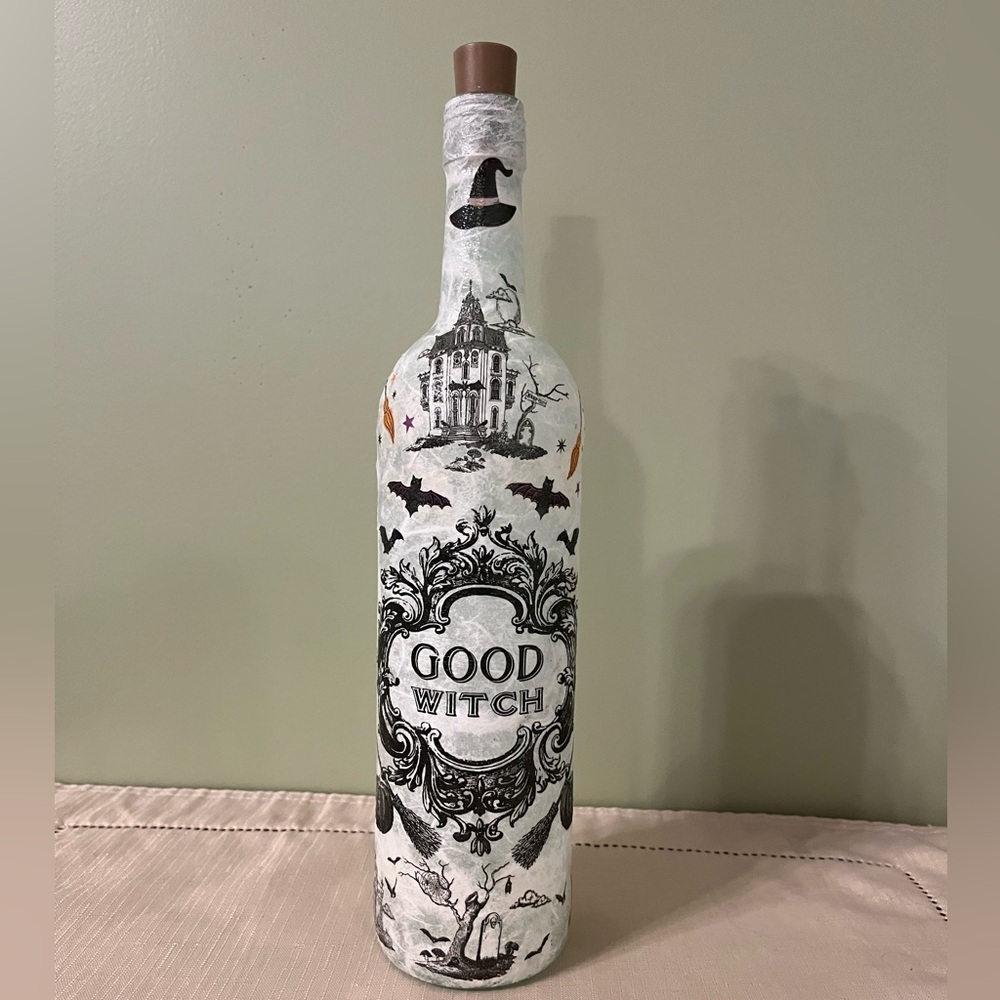 Good Witch Decorated Bottle, Halloween Decor, Home Decor